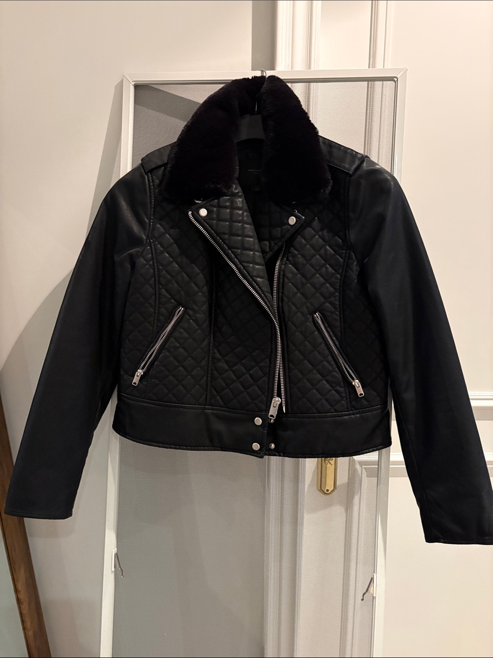 Andrew Marc Quilted Faux Leather Moto Jacket with Fur Collar - Black
